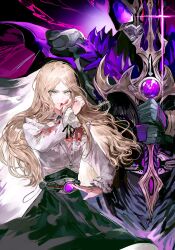  1girl 1other alternate_costume artist_request bang_dream! bang_dream!_it's_mygo!!!!! black_skirt blood blood_on_clothes blood_on_face blue_eyes brown_hair character_request chinese_commentary closed_mouth collared_shirt commentary_request commission cowboy_shot cross cross_necklace hand_up highres holding holding_sword holding_weapon jewelry kamen_rider long_hair long_sleeves looking_at_viewer nagasaki_soyo necklace rider_belt second-party_source shirt sidelocks skirt sparkle standing sword weapon white_shirt wiping_blood 