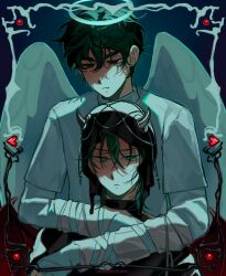 2boys alien_stage angel_and_devil angel_wings artist_name black_eyes black_hair black_veil commentary demon_wings fang green_eyes halo highres ivan_(alien_stage) male_focus multiple_boys ninjinsuni red_pupils red_wings shirt till_(alien_stage) veil white_shirt white_wings wings 