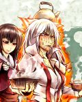  anger_vein bow brown_hair chopsticks cigarette cooking falconet_dragon fire food fujiwara_no_mokou hair_bow houraisan_kaguya long_hair multiple_girls noodles ramen red_eyes ryuuichi_(f_dragon) silver_hair suspenders sweatdrop touhou 