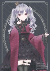  1girl absurdres crown dress earrings expressionless frilled_dress frills gothic_lolita grey_hair highres japanese_clothes jewelry kimono lolita_fashion long_hair looking_at_viewer original paruno red_eyes red_nails ring single_earring solo thigh-highs thigh_strap twintails wa_lolita wavy_hair wide_sleeves zettai_ryouiki 