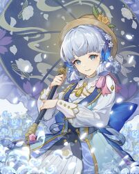  1girl absurdres blue_eyes blue_hair blunt_tresses braid brown_hat butterfly_hair_ornament closed_mouth commentary_request cowboy_shot dongxu flower genshin_impact hair_flower hair_ornament hat hat_flower hat_ornament highres holding holding_umbrella kamisato_ayaka kamisato_ayaka_(springbloom_missive) leaf_hat_ornament light_smile looking_at_viewer mole mole_under_eye neck_tassel official_alternate_costume revision solo tassel umbrella umbrella_tassel 