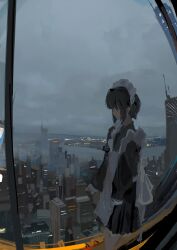  1girl absurdres apron arms_at_sides black_dress black_eyes black_hair building city_lights cityscape commentary dress english_commentary frilled_apron frilled_dress frills from_side grey_sky highres koukouya maid maid_apron maid_headdress no_mouth original painterly short_hair sky skyscraper solo standing water white_apron wide_shot 