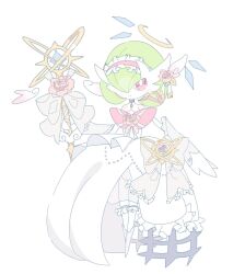  1girl bob_cut colored_skin dress elbow_gloves gardevoir gloves green_hair halo highres looking_at_viewer mega_gardevoir mega_pokemon mega_stone pink_eyes pokemon pokemon_(creature) shiu_224 simple_background smile staff white_background white_dress white_skin 