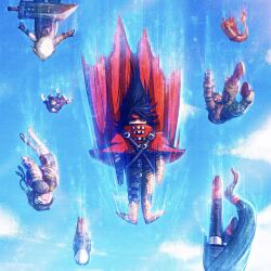  2girls 6+boys arm_cannon barret_wallace blue_sky buster_sword cait_sith_(ff7) chibi cid_highwind cloak cloud_strife falling final_fantasy final_fantasy_vii final_fantasy_vii_remake final_fantasy_vii_revelation headband highres long_hair looking_at_viewer low-tied_long_hair multiple_boys multiple_girls open_mouth parachute red_cloak red_xiii sky skydive sunglasses tifa_lockhart tylor_hepner vincent_valentine weapon yuffie_kisaragi 