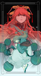  1girl 1other absurdres braid closed_eyes commentary_request commission complementary_colors copyright_request earrings expressionless fetal_position flats from_side headdress highres interlocked_fingers jewelry leaf light_frown long_hair low-braided_long_hair low-tied_long_hair lower_lip_only nanahyaku_torako own_hands_clasped own_hands_together pink_hair profile red_eyes scales shawl single_braided_sidelock swept_bangs tassel tassel_earrings wavy_hair 