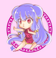  1girl bell bow chibi china_dress chinese_clothes commentary_request dress hair_bell hair_bow hair_ornament long_hair nyantaro_kominta_(pixiv_30725808) purple_hair ranma_1/2 red_dress red_eyes shampoo_(ranma_1/2) sidelocks yellow_bow 