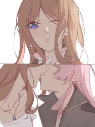  2girls bang_dream! bang_dream!_it's_mygo!!!!! black_shirt blue_eyes brown_hair chihaya_anon closed_mouth commentary_request highres jewelry kiss long_hair mrwule multiple_girls nagasaki_soyo necklace one_eye_closed pink_hair shirt simple_background white_background white_shirt yuri 