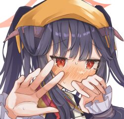  1girl absurdres averting_eyes black_hair blue_archive blunt_bangs blush commentary_request covering_own_mouth demon_girl demon_horns embarrassed eyelashes frilled_sleeves frills furrowed_brow fuuka_(blue_archive) hair_on_horn halo hands_up headscarf highres horns long_hair long_sleeves looking_to_the_side mosae nose_blush open_hand orange_headscarf portrait red_eyes red_halo simple_background solo sweat tsurime twintails white_background 