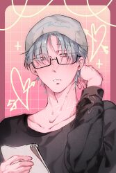  1boy alien_stage arrow_through_heart beanie black_sweater blush brown_hat commentary earrings english_commentary glasses green_eyes grid_background hat heart highres holding holding_notepad jewelry male_focus notepad orange_background parted_lips pink_background short_hair solo sweater till_(alien_stage) very_short_hair yukaree06 