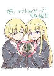  1boy 1girl black_coat blonde_hair blue_eyes boots brother_and_sister closed_eyes coat commentary_request explosive grenade highres holding holding_grenade long_hair looking_at_viewer open_mouth satomura_kyou short_hair siblings smile the_outfoxies translation_request twins upper_body weapon 