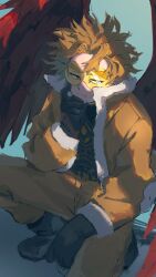  1boy aqua_background arm_on_thigh black_boots black_gloves black_shirt blonde_hair boku_no_hero_academia boots brown_jacket brown_pants closed_mouth commentary_request facial_hair feathered_wings full_body fur-trimmed_jacket fur_trim gloves goggles hand_on_own_face hawks_(boku_no_hero_academia) high_collar highres invisible_floor jacket long_sleeves looking_to_the_side male_focus on_one_knee open_clothes open_jacket pants red_wings shadow shirt short_hair sidelighting simple_background sketch solo stubble sushirice_0 thick_eyebrows tinted_eyewear wings yellow-tinted_eyewear yellow_eyes 