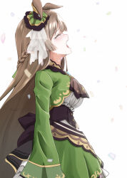  1girl absurdres ascot back_bow black_bow bow braid brown_ascot brown_hair closed_eyes commentary_request crying dress ear_ornament from_side green_dress highres horse_girl long_hair open_mouth profile satono_diamond_(natural_brilliance)_(umamusume) satono_diamond_(umamusume) solo take20131004 tears umamusume very_long_hair white_background 