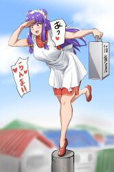  1girl absurdres apron bell bow chinese_clothes double_bun dress hair_bell hair_bow hair_bun hair_ornament highres kiru_(bsesso) long_hair maid_apron maid_headdress okamochi_(container) open_mouth purple_hair ranma_1/2 red_dress red_eyes red_shoes shampoo_(ranma_1/2) shoes sidelocks smile speech_bubble translation_request white_apron yellow_bow 