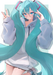  1girl :/ aqua_eyes aqua_hair aqua_nails bent_v black-framed_eyewear black_skirt blush border collarbone commentary_request drop_shadow fingernails glasses green_background grey_hoodie hatsune_miku highres hood hoodie long_hair long_sleeves looking_at_viewer nail_polish number_print nya_(xduy2738) outside_border partial_commentary round_eyewear simple_background skirt skirt_peek solo standing standing_on_one_leg twintails v very_long_hair vocaloid white_border 