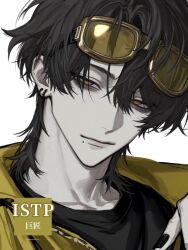  16personalities 1boy ai-generated black_hair black_nails black_shirt character_request close-up closed_mouth commentary_request crew_neck curtained_hair ear_piercing eyewear_on_head face_piercing hair_between_eyes highres jacket medium_hair monogatari_boy mouth_piercing myers-briggs_type_indicator nail_polish piercing shirt simple_background solo tinted_eyewear twitter_username white_background wolf_cut yellow-tinted_eyewear yellow_eyes yellow_jacket 