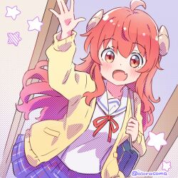  1girl :d ahoge brown_horns commentary_request curled_horns demon_horns fang highres horns icorasama jacket long_hair long_sleeves looking_at_viewer machikado_mazoku open_mouth plaid_clothes plaid_skirt purple_skirt red_eyes red_hair school_uniform shirt skin_fang skirt smile solo star_(symbol) twitter_username white_shirt yellow_jacket yoshida_yuuko 