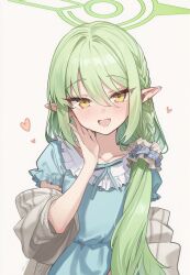  1girl ai-generated blue_archive blue_pajamas blush fang green_hair green_halo halo hand_on_own_face highres long_hair low_side_ponytail nozomi_(blue_archive) official_alternate_costume official_alternate_hairstyle open_mouth pajamas pointy_ears shawl short_sleeves side_ponytail skin_fang stella_(ps_calm) yellow_eyes 