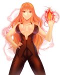  breasts brown_eyes brown_hair cleavage fire hand_on_hip highres hips ktsis large_breasts long_hair original smile solo 