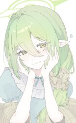  1girl aimi7333 blue_archive blue_dress blue_pajamas blush closed_mouth dress green_hair green_halo hair_between_eyes hair_ornament hair_scrunchie halo hand_on_own_face heart highres long_hair looking_at_viewer low_side_ponytail nozomi_(blue_archive) nozomi_(kujibikido)_(blue_archive) official_alternate_costume official_alternate_hairstyle pajamas pointy_ears ribbon scrunchie shawl short_sleeves side_ponytail solo sweat yellow_eyes 
