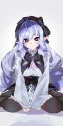  1girl ahoge ascot bow bowtie closed_mouth drill_hair gem grey_background hairband highres htbjca3l long_hair long_sleeves looking_at_viewer mole mole_under_eye multicolored_hair pointy_ears purple_ascot purple_bow purple_bowtie purple_gem purple_hair purple_hairband red_eyes simple_background sitting solo streaked_hair vivian_(kekkai_sensen) vivian_banshee wariza zenless_zone_zero 
