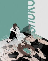  1girl black_hair blue_eyes brown_hair character_name closed_eyes closed_mouth coat commentary_request ear_piercing geto_suguru gojo_satoru hair_bun highres ieiri_shoko iikuma93 jujutsu_kaisen lab_coat long_hair open_mouth piercing puzzle puzzle_piece short_hair white_hair 