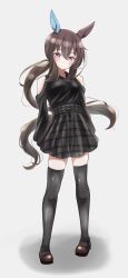  1girl absurdres admire_vega_(umamusume) animal_ears bare_shoulders black_shirt black_skirt black_thighhighs blush breasts brown_hair brown_shoes closed_mouth clothing_cutout commentary_request ear_covers full_body hair_between_eyes highres horse_ears horse_girl horse_tail long_hair long_sleeves low_ponytail ponytail shirt shoes shoulder_cutout simple_background single_ear_cover skirt solo tail thigh-highs tofu_thunder umamusume violet_eyes 
