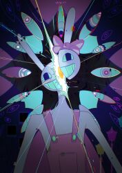  abstraction_(the_amazing_digital_circus) animal_ears bow commentary egg english_commentary furry grin hair_bow highres jax_(the_amazing_digital_circus) nemuinell overalls pink_overalls rabbit_ears signature smile solo tears tears_from_one_eye the_amazing_digital_circus 