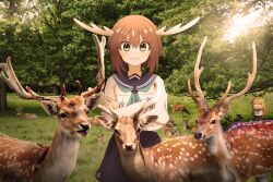  2girls :3 absurdres antlers aqua_neckerchief blonde_hair blue_sailor_collar blue_skirt brown_hair closed_mouth collared_shirt crossed_arms deer deer_antlers deer_girl dot_nose grass green_eyes hair_between_eyes highres horns koshi_torako long_hair long_sleeves mixed_media multiple_girls neckerchief outdoors photo_background photo_inset sailor_collar school_uniform serafuku shikanoko_noko shikanoko_nokonoko_koshitantan shirt short_hair signature skirt smile sp2233 tree v-shaped_eyebrows white_shirt 
