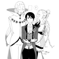  ! 1girl 2boys arms_behind_back ascot blunt_bangs blush_stickers braid breasts chisha_gold closed_eyes closed_mouth coat collared_shirt crossed_arms earrings formal_clothes greyscale hair_between_eyes hair_bun height_difference high_collar highres jewelry kadaiowaran0205 lapels long_hair long_sleeves looking_at_another medium_o'connell monochrome multiple_boys multiple_braids open_mouth pants profile re:zero_kara_hajimeru_isekai_seikatsu see-through_clothes see-through_sleeves shirt short_bangs short_hair simple_background single_hair_bun smile speech_bubble spoken_exclamation_mark standing suit twin_braids vest vincent_vollachia white_background 