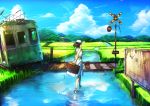  brown_hair cloud clouds grass hat highres holding landscape original railroad_crossing railroad_tracks ruins scenery shikihara_mitabi sign sky solo standing_on_water suitcase train water 