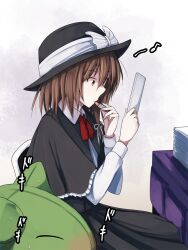  1girl 1other artist_self-insert black_capelet black_hat black_skirt blush bow brown_eyes brown_hair cabinet capelet chair closed_eyes commentary_request cosmetics creature frilled_capelet frills fumei_(mugendai) hat hat_bow holding holding_lipstick_tube holding_mirror lipstick_tube long_sleeves medium_hair mirror neck_ribbon nose_blush paper_stack red_ribbon ribbon sitting skirt touhou usami_renko white_background white_bow 