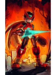  1boy armor blonde_hair border commentary_request energy_sword forehead_jewel full_body helmet highres holding holding_sword holding_weapon long_hair male_focus maro_maronomaro mega_man_(series) mega_man_zero_(series) red_armor red_helmet solo standing sword weapon white_border z_saber zero(z)_(mega_man) zero_(mega_man) 