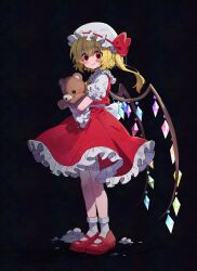  1girl ascot back_bow black_background blonde_hair blush bow commentary_request corn_kuten crystal_wings flandre_scarlet frills full_body hat hat_bow holding holding_stuffed_toy looking_at_viewer mary_janes mob_cap puffy_short_sleeves puffy_sleeves red_bow red_eyes red_shoes red_skirt red_vest shirt shoes short_hair short_sleeves side_ponytail skirt smile socks solo stuffed_toy torn_stuffed_toy touhou twitter_username vest white_shirt wings yellow_ascot 