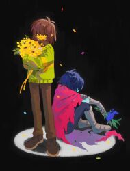  2others black_background black_hair blue_flower blue_rose blue_skin boots bouquet brown_hair brown_pants cape colored_skin confetti deltarune dual_persona flower galanel green_sweater hair_over_eyes highres holding holding_bouquet holding_flower knees_up kris_(dark_world)_(deltarune) kris_(deltarune) multiple_others other_focus pants pink_cape rose short_hair sitting sweater utdr_(toby_fox) yellow_flower yellow_skin 