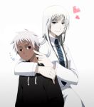  1girl blue_eyes blush dark_skin from_behind heart highres johnathan_mar jormungand koko_hekmatyar long_hair long_sleeves necktie pale_skin pointing red_eyes scar simple_background smile touhulove white_hair 