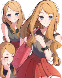  1girl absurdres bag bare_shoulders black_shirt black_thighhighs blonde_hair blush breasts closed_eyes closed_mouth collarbone commentary_request grey_eyes head_rest highres long_hair looking_at_viewer mega_ring multiple_views nii_(marimo_416) pink_bag pokemon pokemon_x_and_y red_skirt revision serena_(pokemon) shirt simple_background skirt sleeveless sleeveless_shirt smile thigh-highs white_background 