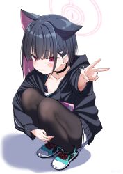  1girl absurdres animal_ears black_choker black_hair black_jacket blue_archive blush bob_cut brown_pantyhose cat_ears choker closed_mouth colored_inner_hair commentary_request extra_ears foreshortening full_body hair_ornament hairclip halo highres hizikit hood hood_down hooded_jacket hugging_own_legs jacket kazusa_(blue_archive) knees_to_chest miniskirt multicolored_hair pantyhose pink_hair pleated_skirt red_eyes shoes short_hair sidelocks simple_background skirt sneakers solo squatting two-tone_hair v white_background white_skirt 