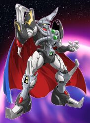  1boy acrodevil alternate_color blue_cape cape chiisana_kyojin_microman:_uborg_senki_2010 claws commentary_request full_body hand_up highres horns humanoid_robot male_focus microman official_artist_extra oyomesandazo planet red_cape robot single_horn solo space standing star_(sky) two-sided_cape two-sided_fabric yellow_eyes 