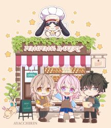  1boy 2girls apron aqua_eyes ayacchirin baguette bakery black_hair black_pants blonde_hair blue_shirt blue_skirt bowl bread brown_apron brown_shoes cat chibi dan_heng_(honkai:_star_rail) food green_shirt highres holding holding_bowl honkai:_star_rail honkai_(series) long_hair march_7th_(honkai:_star_rail) multiple_girls pants pink_eyes pink_hair pom-pom_(honkai:_star_rail) shirt shoes shop short_hair skirt smile stelle_(honkai:_star_rail) trailblazer_(honkai:_star_rail) yellow_eyes yellow_shirt 