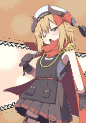  1girl animal_ears blonde_hair blush bow brown_gloves cape cow_girl cowboy_shot fang gloves hair_bow hat highres holding holding_knife horns knife looking_at_viewer medium_hair mittens one_eye_closed open_mouth original red_bow red_cape red_eyes sakana_tsuri scarf skirt solo thigh_strap white_hat 