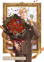  1boy antique_phone black_necktie blonde_hair blue_butterfly blue_eyes border bouquet bow brown_jacket brown_pants brown_suit bug butterfly character_name collared_shirt commentary cowboy_shot english_commentary falling_petals flower formal_clothes gold_ribbon highres holding holding_bouquet holding_phone jacket leon_s._kennedy male_focus medrowjz necktie pants parted_bangs petals phone picture_frame pink_bow pink_petals red_flower red_petals red_rose resident_evil rose rotary_phone shirt short_hair solo suit suit_jacket white_border white_shirt 