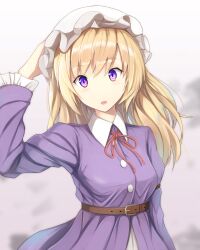  1girl belt blonde_hair blush breasts brown_belt buttons collared_shirt commentary_request contrast_collar frilled_sleeves frills fumei_(mugendai) grey_background hand_on_own_hat hat long_hair long_sleeves maribel_hearn mob_cap neck_ribbon open_mouth purple_shirt red_ribbon ribbon shirt sleeve_garter solo swept_bangs touhou undershirt violet_eyes white_hat white_shirt 