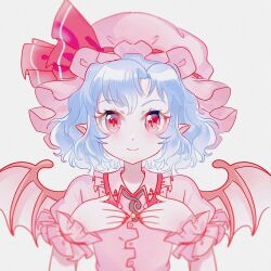  1girl bat_wings blue_hair cha_xian closed_mouth collared_shirt commentary frilled_shirt_collar frilled_wrist_cuffs frills hat hat_ribbon highres looking_at_viewer medium_hair mob_cap pink_hat pink_shirt pink_wrist_cuffs pointy_ears red_eyes remilia_scarlet ribbon shirt slit_pupils smile solo touhou upper_body wings wrist_cuffs 