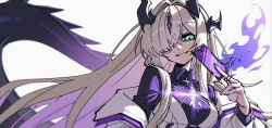  1girl absurdres arknights black_horns black_tail card coat dragon_girl dragon_horns dragon_tail dress dryegen fire flame-tipped_tail green_eyes grey_hair hair_over_one_eye highres holding holding_card horns light_in_heart long_hair looking_at_viewer multiple_horns necrass_(arknights) off_shoulder one_eye_covered purple_fire purple_light simple_background smile solo tail upper_body white_background white_coat 