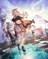  1boy 3girls ahoge atelier_(series) atelier_karia bare_shoulders benitama choker dress fina_rozen glass_heels grey_hair hair_over_one_eye hair_ribbon highres holding holding_staff horns karia_(atelier) long_hair multiple_girls navel official_art purple_hair ribbon servio_lektor skirt staff stomach tan white_dress white_skirt yumia_liessfeldt 