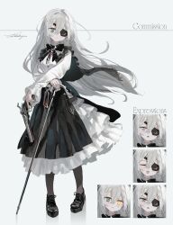 1girl black_pantyhose closed_mouth commission expression_chart eyepatch green_eyes grey_hair gun hair_between_eyes handgun heterochromia highres holding holding_gun holding_weapon long_hair open_mouth original pantyhose smile watakokyu weapon white_background yellow_eyes 