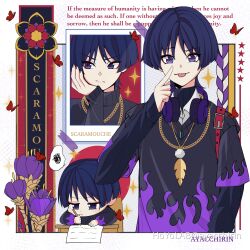  1boy absurdres ayacchirin black_sweater blue_hair blunt_ends chibi closed_mouth feathers genshin_impact headphones headphones_around_neck highres jewelry long_sleeves male_focus multicolored_sweater multiple_views necklace scaramouche_(genshin_impact) short_hair smile sweater tongue tongue_out violet_eyes wanderer_(genshin_impact) 