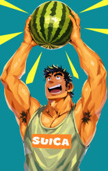  1boy absurdres armpit_hair arms_up black_eyes black_hair blue_background commentary_request facial_hair food fruit grey_tank_top highres holding holding_food holding_fruit long_sideburns looking_up male_focus open_mouth original pectoral_cleavage pectorals print_tank_top short_hair sideburns sideburns_stubble simple_background smile solo stubble suamaru tank_top thick_eyebrows watermelon 