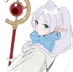  1girl blue_scarf closed_mouth commentary_request earrings frieren green_eyes holding holding_staff jewelry mage_staff scarf simple_background solo sousou_no_frieren staff teardrop_earrings twintails upper_body white_background white_hair yuyushi1450 