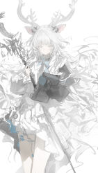  1girl absurdres animal_ears antlers arknights blue_gloves blush book cowboy_shot deer_antlers deer_ears deer_girl dress frown gloves grey_eyes highres holding holding_book holding_staff horns long_sleeves looking_at_viewer luozhou_pile sami_deer_girl_(arknights) simple_background single_glove solo staff white_background white_dress white_hair 